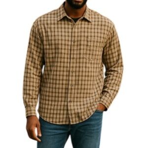 TIMBERLAND Mens Aged Washed Plaid Shirt Tan Brown Organic Cotton Long Sleeve XL
